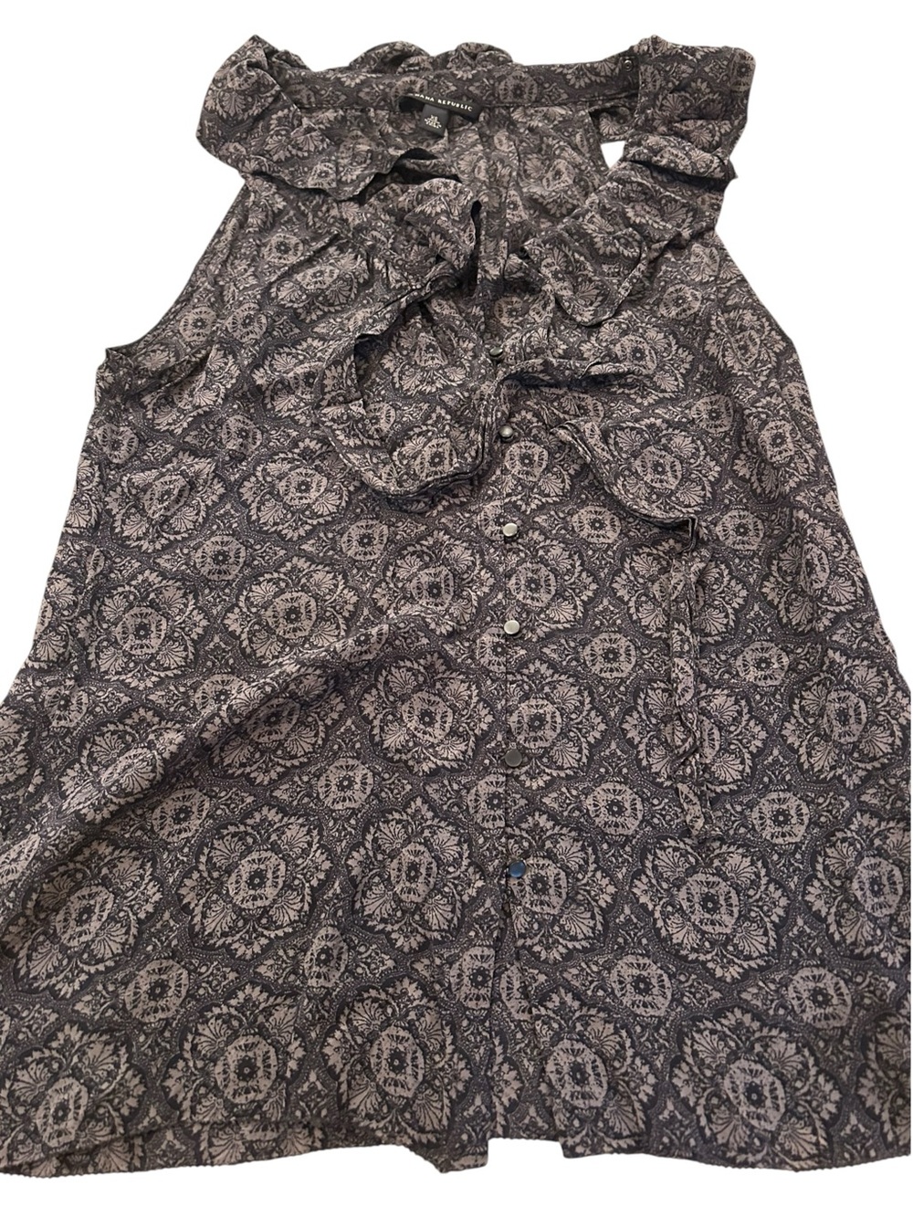 Banana republic Sleeveless Ruffle Neck silk Printed Top - Black/Cream xs